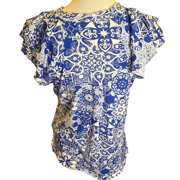 Maeve Anthropologie Catie Ruffle Sleeve Blue and White Tee in Size Medium - Picture 4 of 4